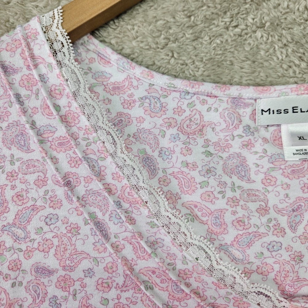 Miss Elaine Nightgown XL Pink Floral Paisley Long Cap Sleeve Lace Trim Maxi - Picture 5 of 16